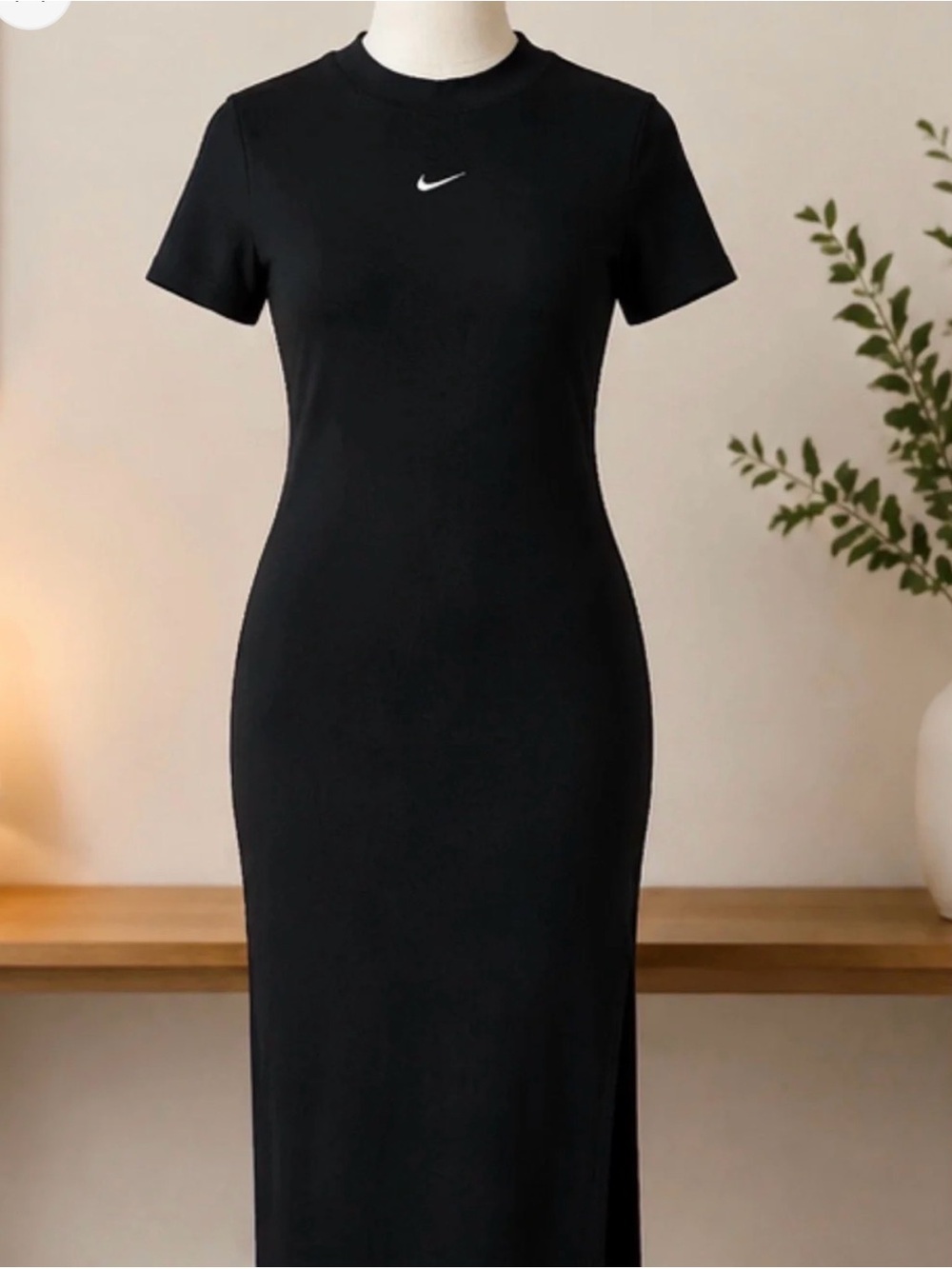 Nike Black Short-Sleeve Fitted Maxi Dress with White Swoosh